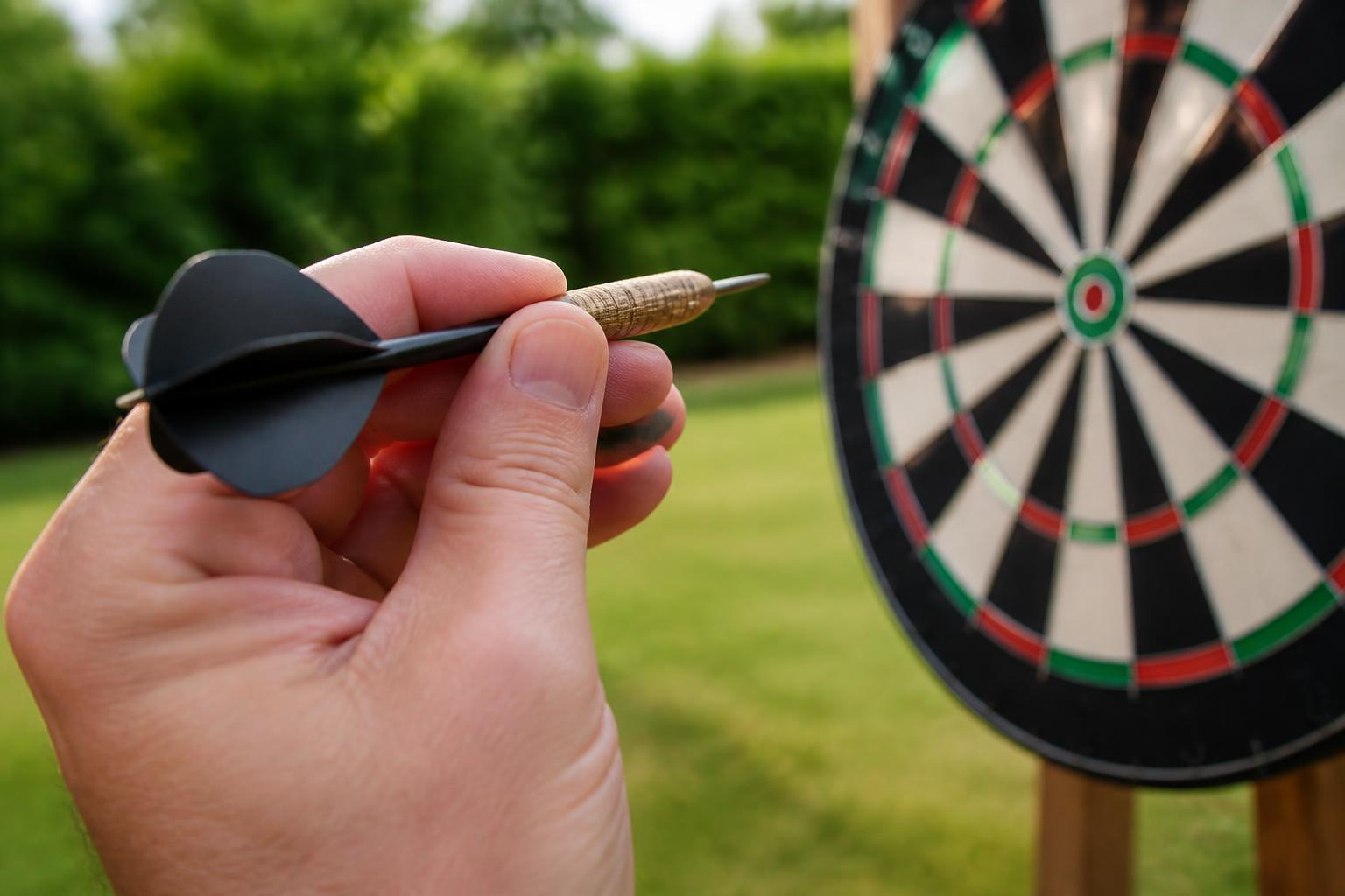 A hand lining up a dart at a backyard dartboard